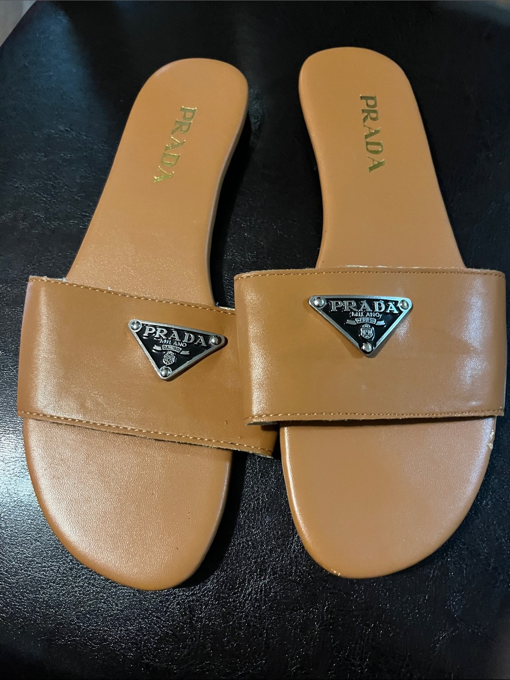 Prada Cognac Leather Slide Sandals with Logo Plaque